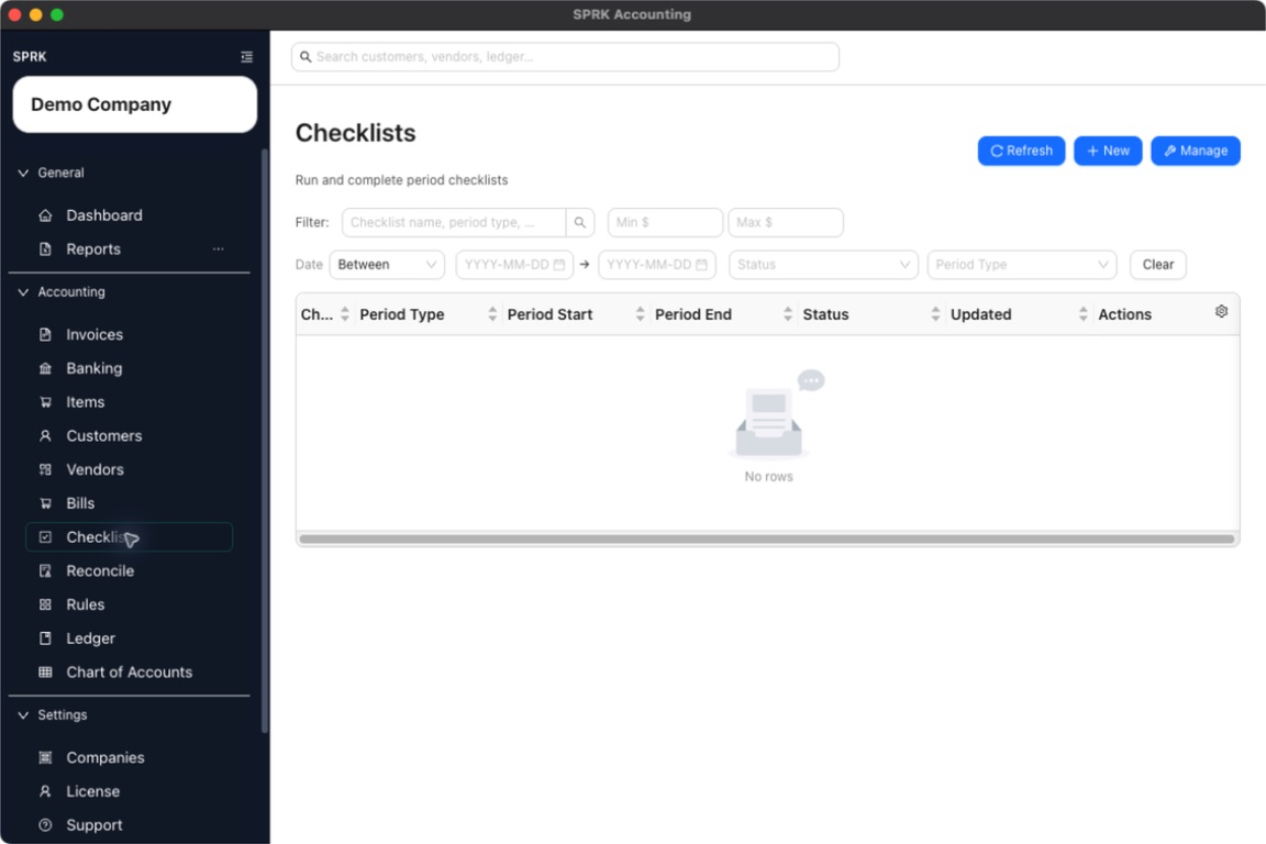 Checklists page showing completion tracking filters, status and period selectors, run table headers, and the current no-rows state