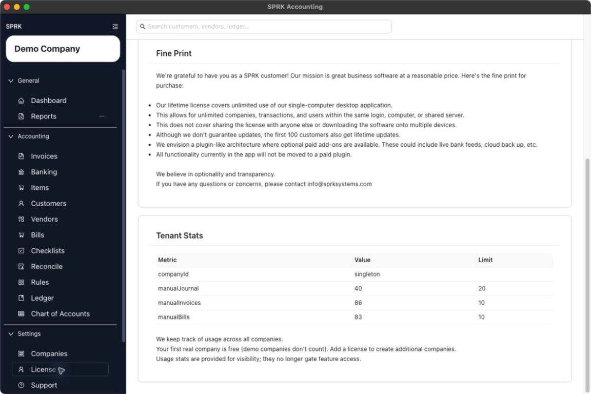 License tab showing usage limits and plan details