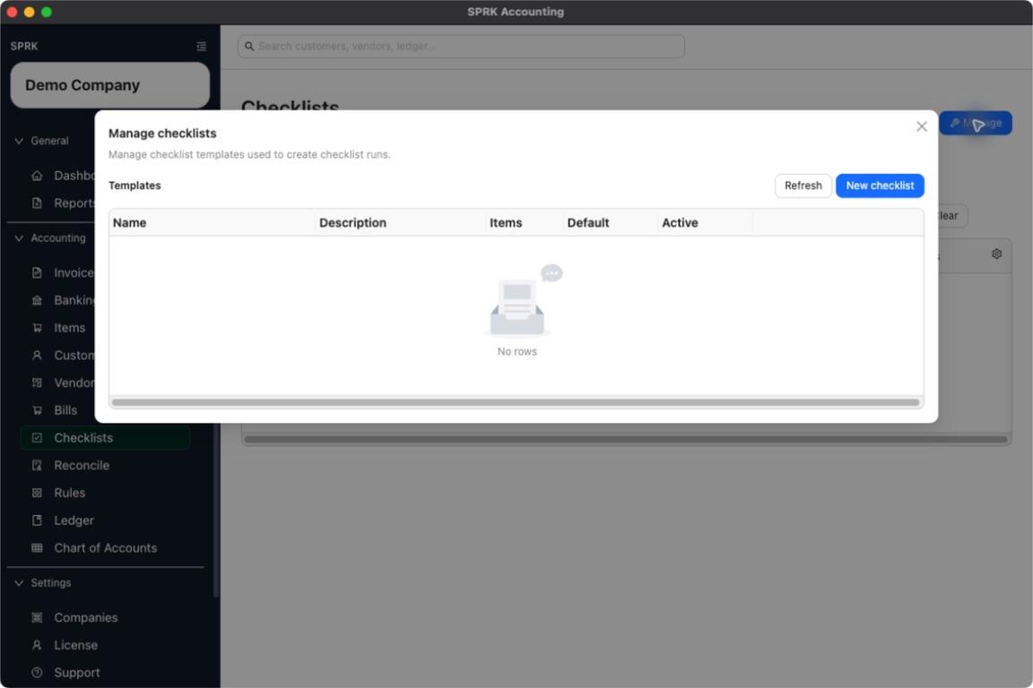 Manage checklists dialog showing reusable checklist template columns and the New checklist action