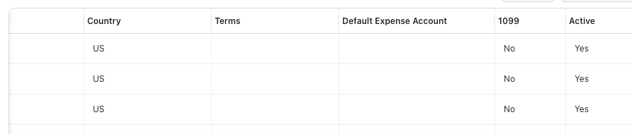 Vendors grid showing the 1099 tracking column