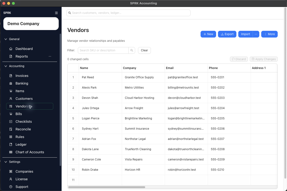 Vendors list with editable vendor records