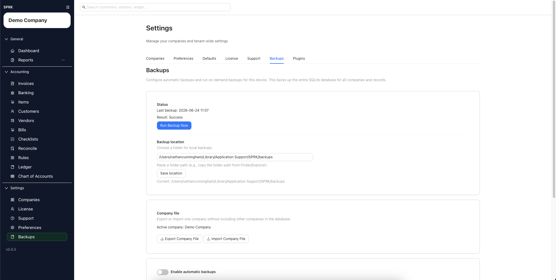 SPRK Backups tab showing backup status, resolved backup location, and Company file controls