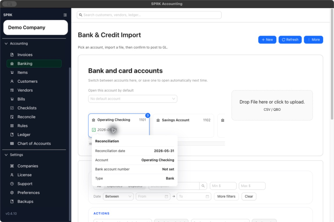 Latest posted reconciliation context on a Banking account card