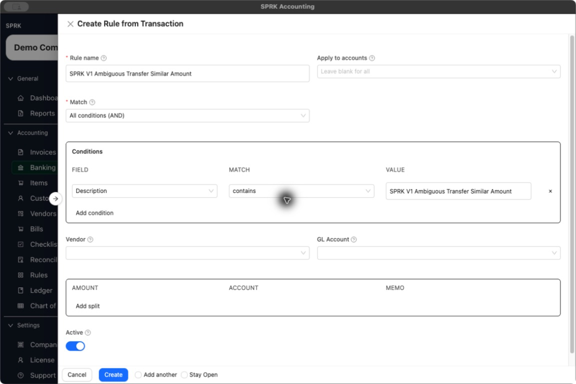 Create Rule from Transaction drawer using the full bank description