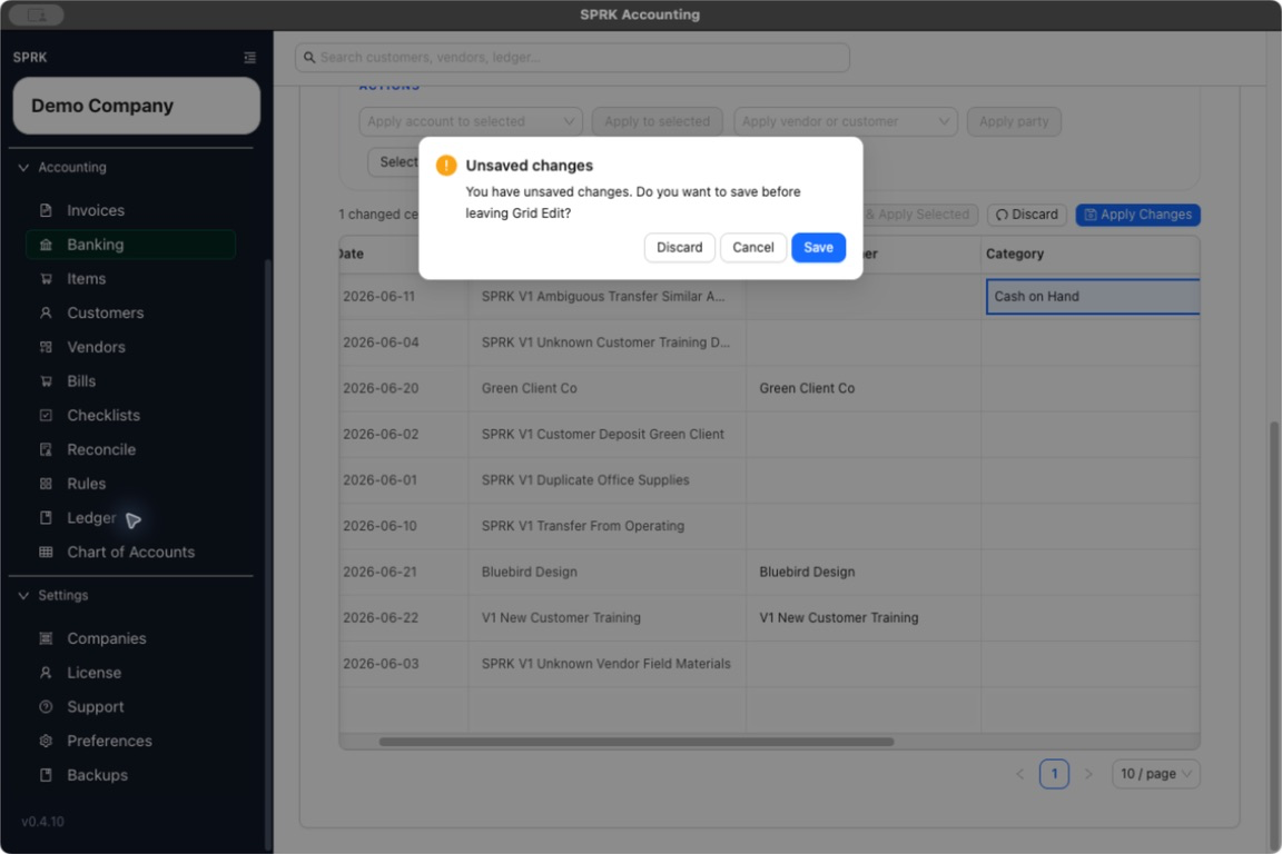 Unsaved changes prompt shown when leaving Banking Grid Edit