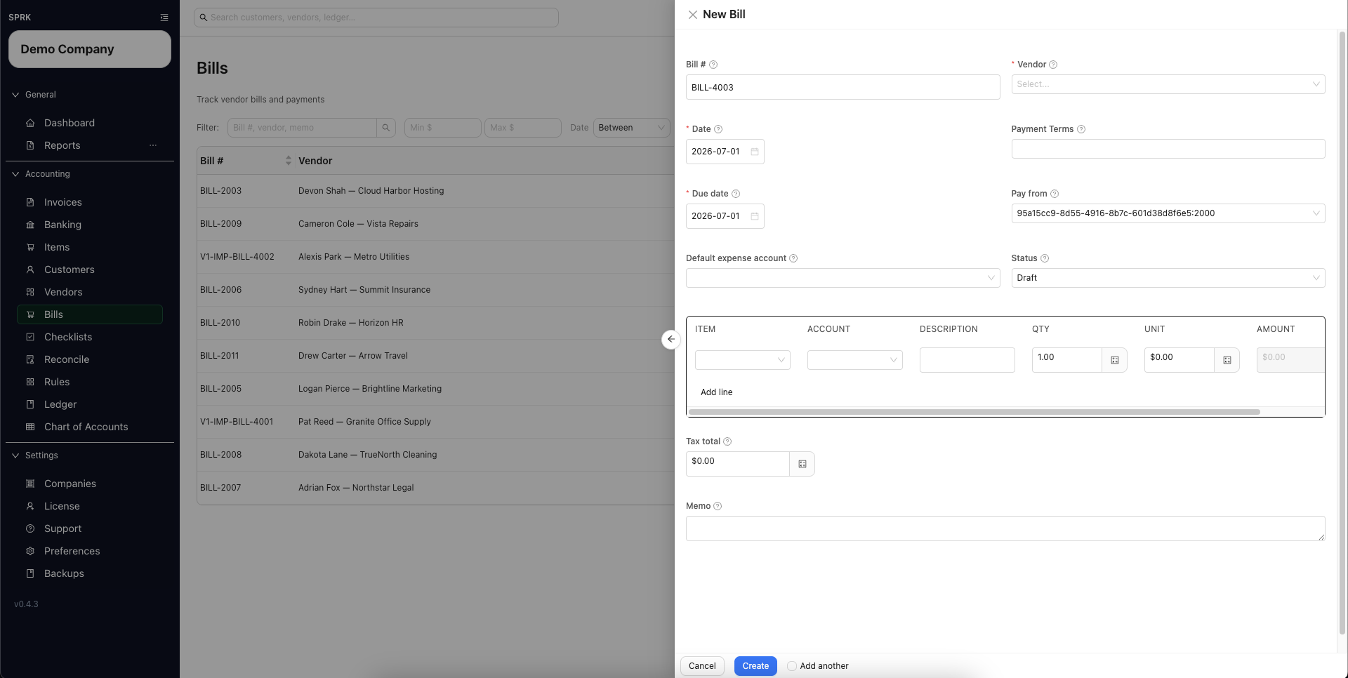 New bill drawer showing Pay from, default expense account, and line account