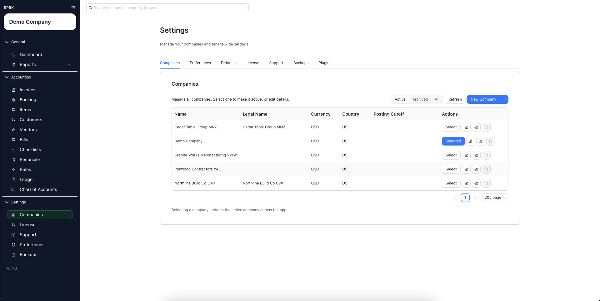 Companies tab showing several existing companies and the New Company control