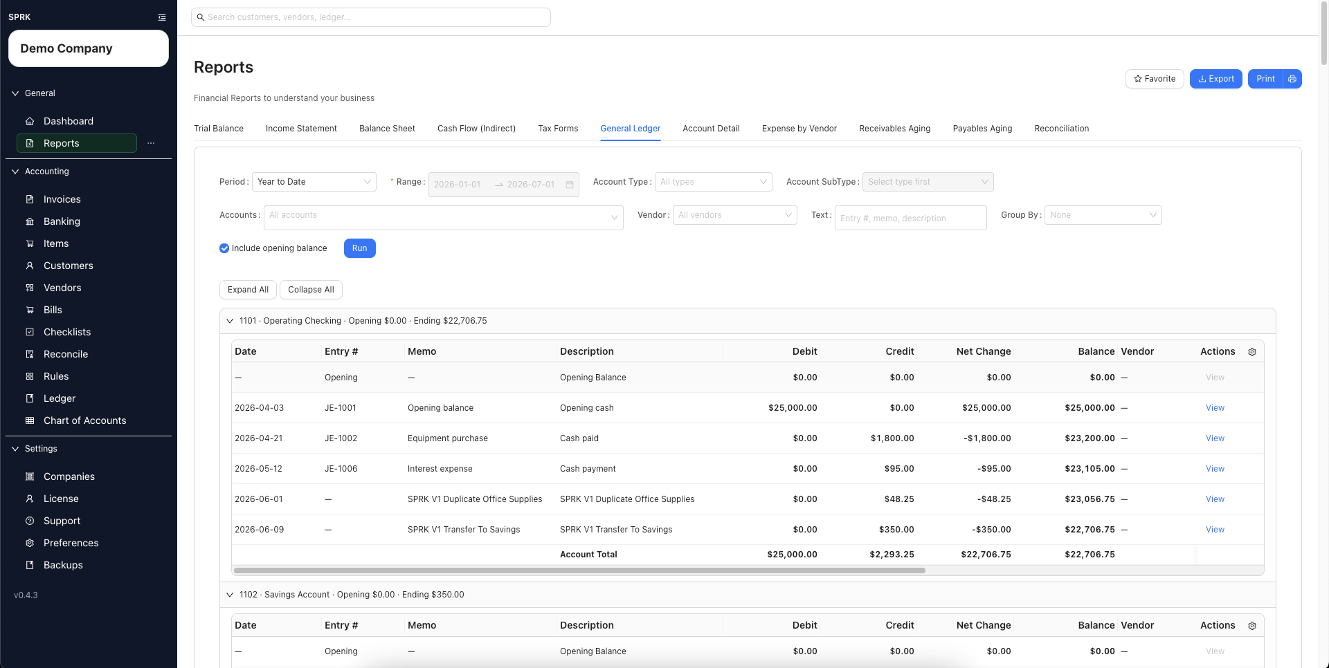 General Ledger report table showing transaction detail columns and column-control gear