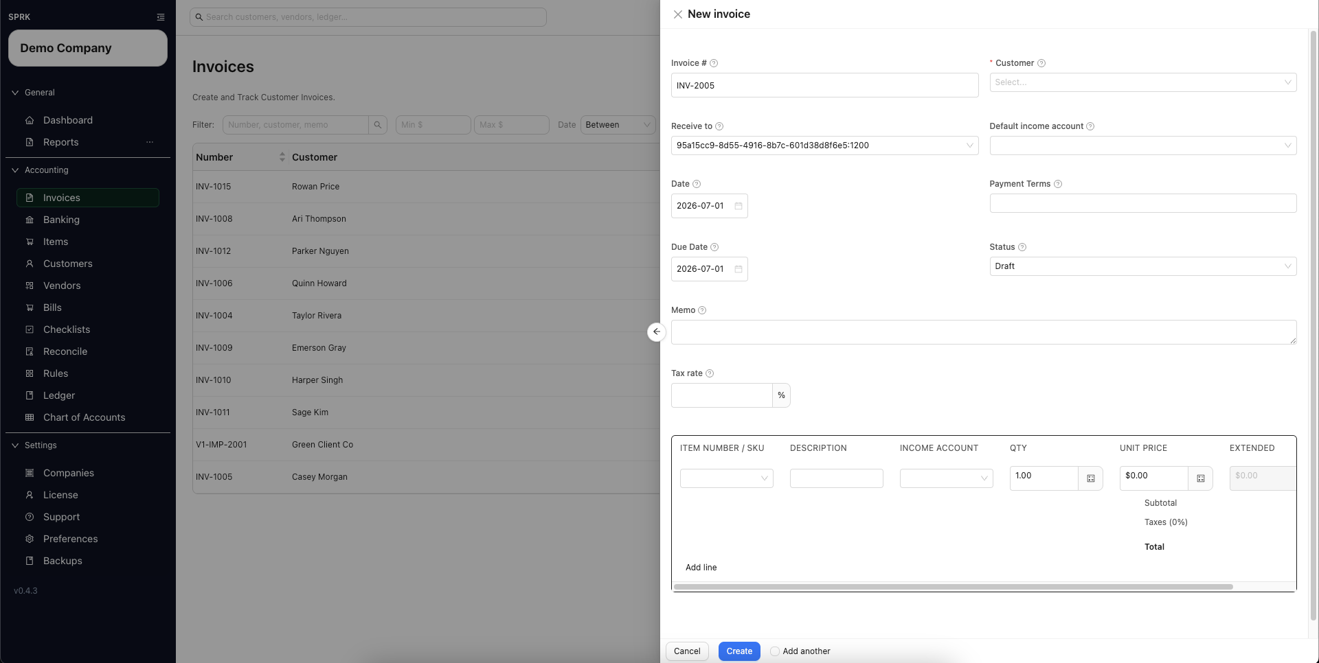 New invoice drawer showing Receive to, default income account, and line income account