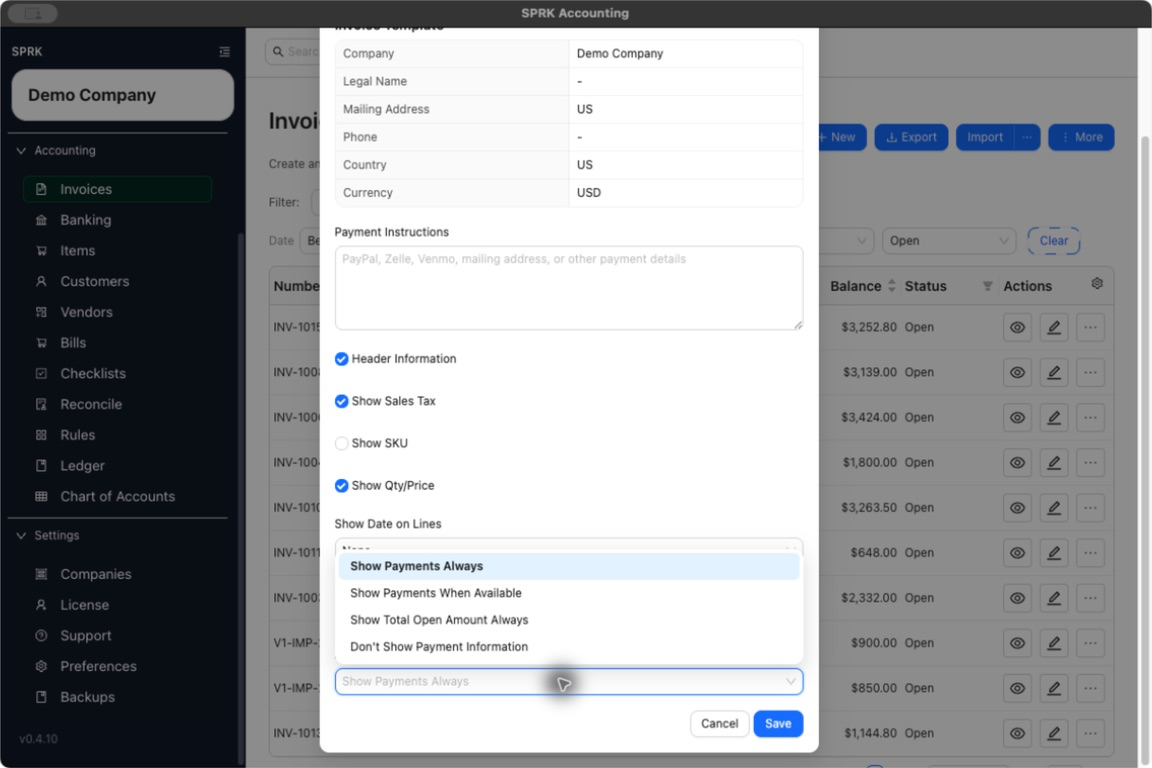 Invoice Template modal showing Payment Information choices