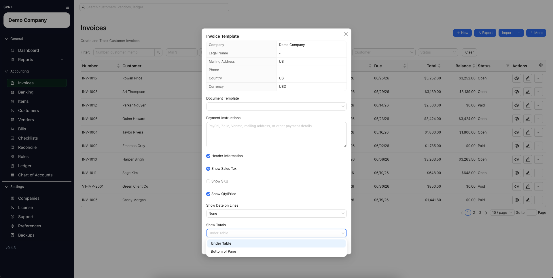 Invoice Template Show Totals menu with Under Table and Bottom of Page options