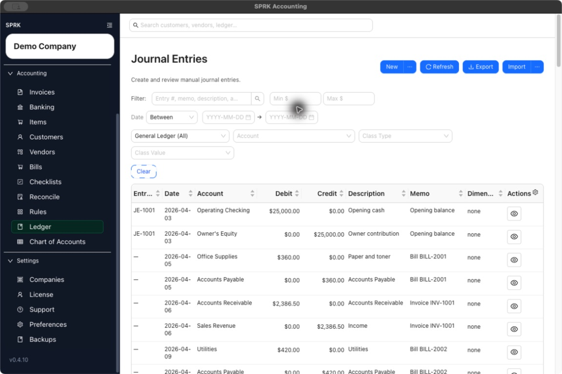 Journal Entries filter bar