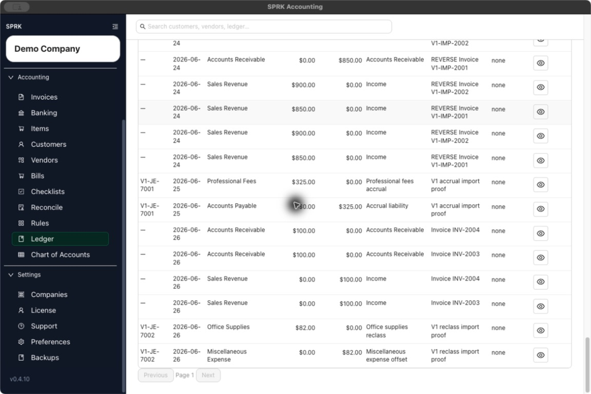 Journal Entries Previous and Next pagination controls