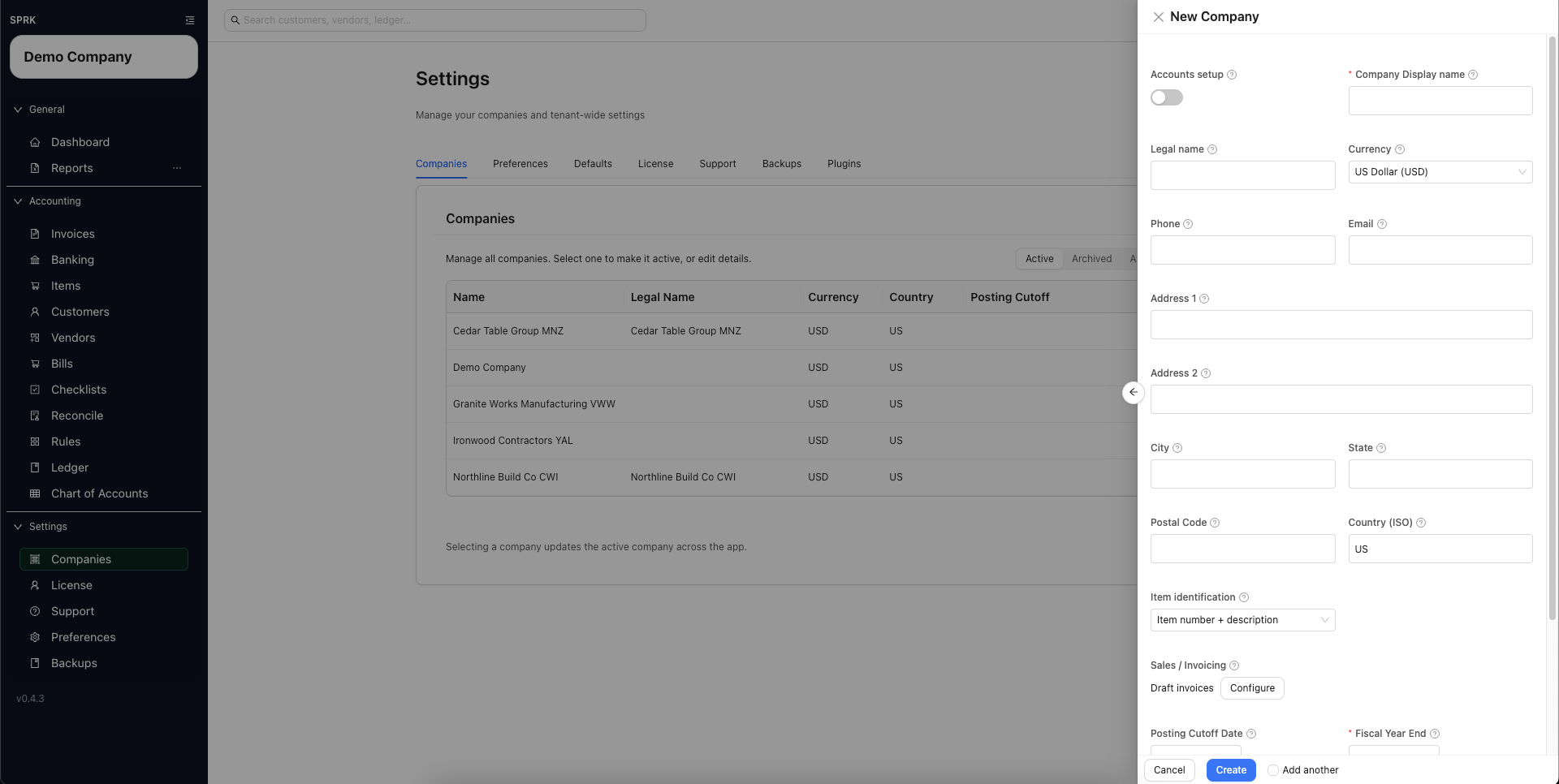 New Company drawer showing item identification and Sales / Invoicing settings