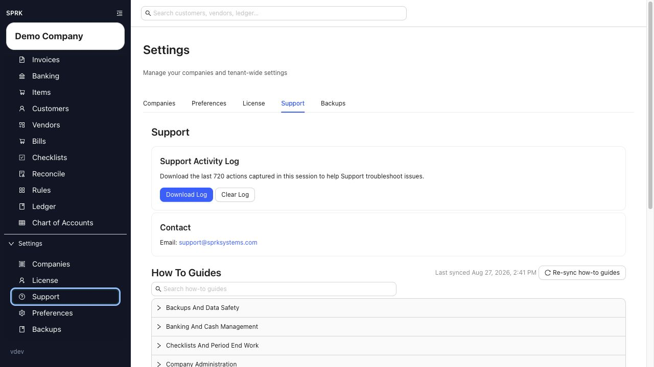 Support tab showing the Support Activity Log and contact options