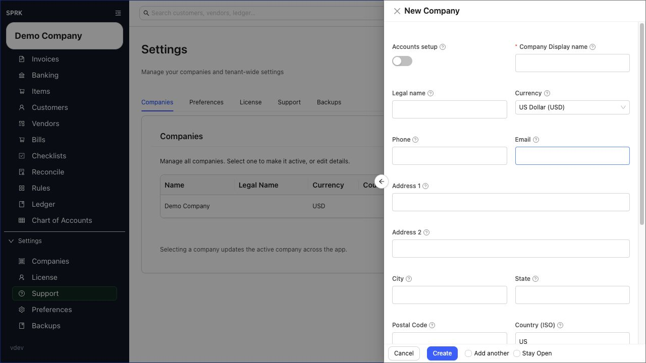 New company drawer showing account fields and accounting edit permissions