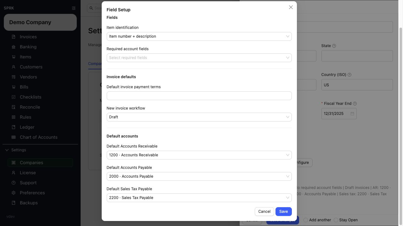Company Field Setup showing the Default Sales Tax Payable account