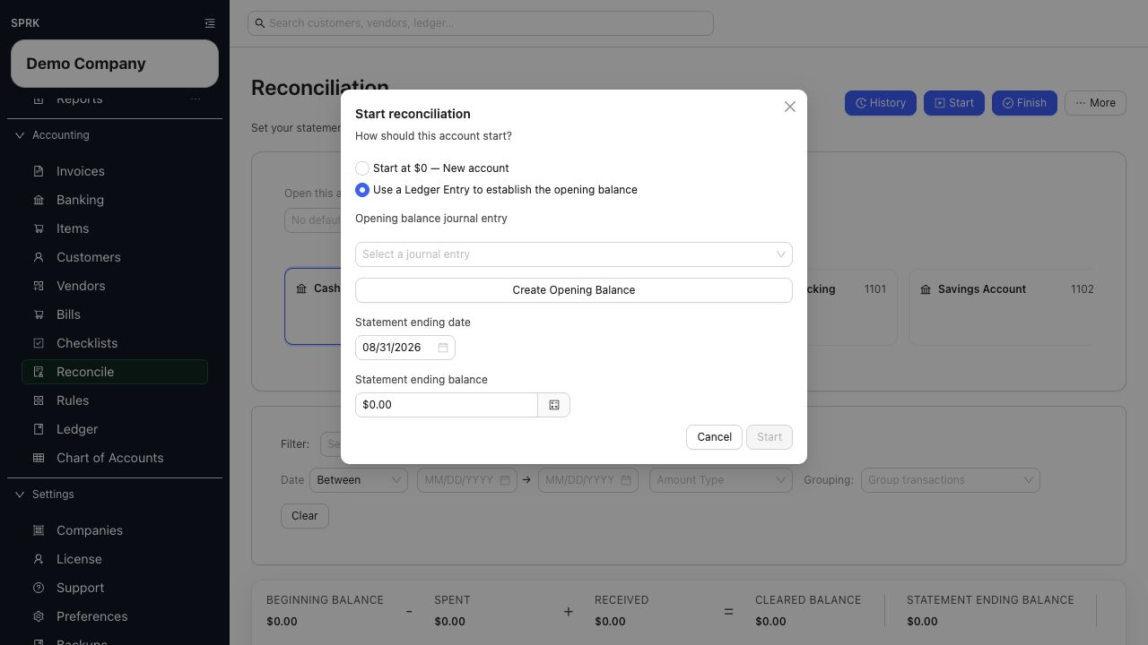 First reconciliation choices for a new bank account