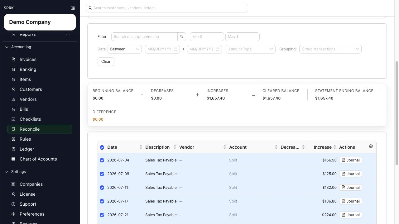 General-ledger reconciliation with selected activity and a zero difference