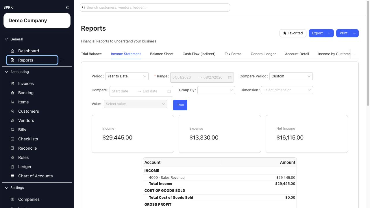 Reports page showing available report tabs and controls