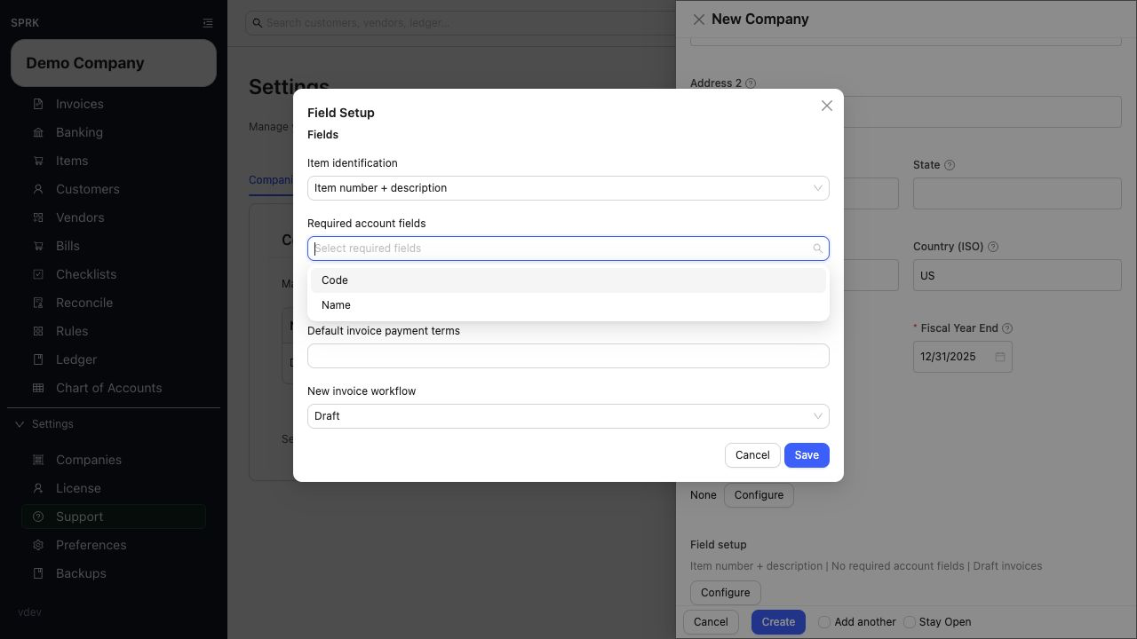 Required account fields selector showing Code and Name choices