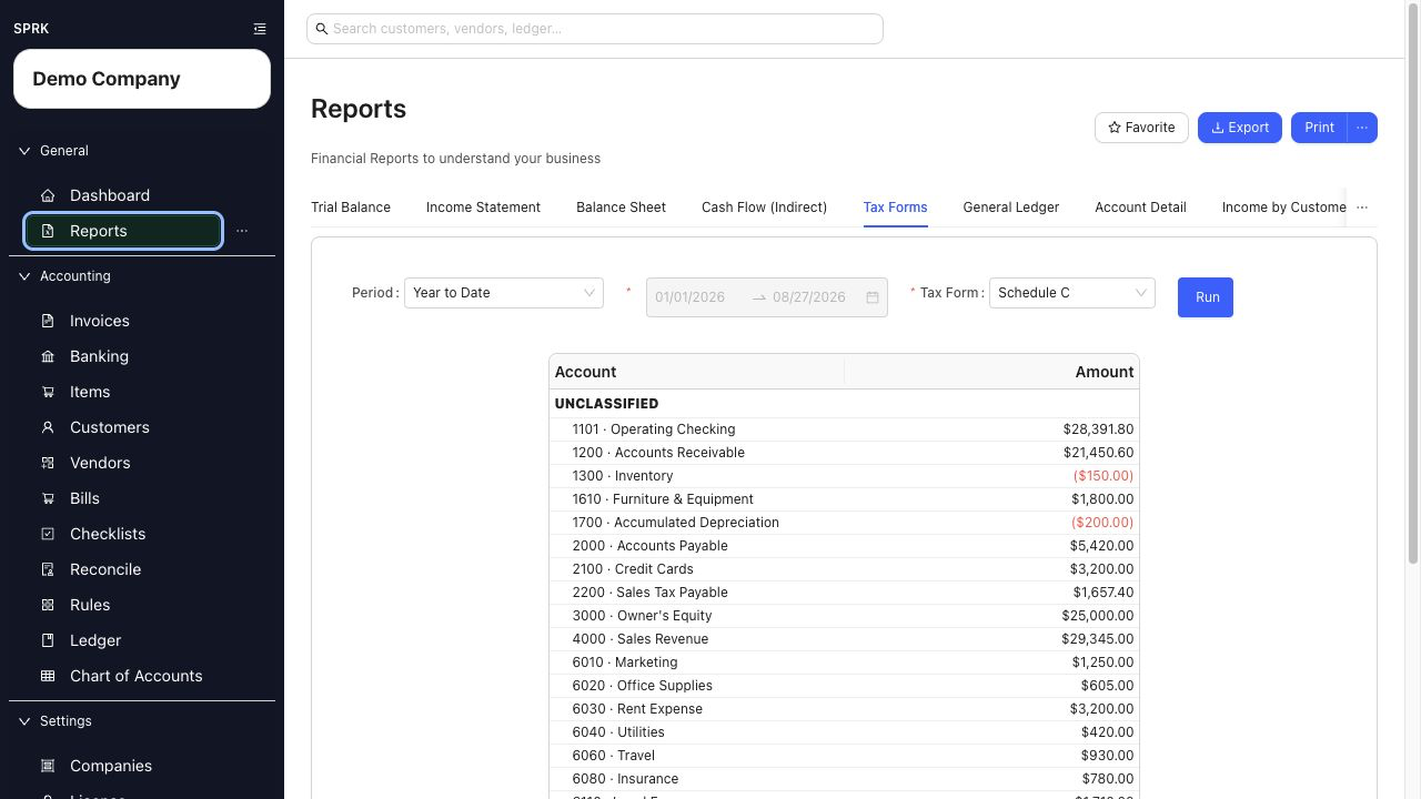 Schedule C selected in the Tax Forms report