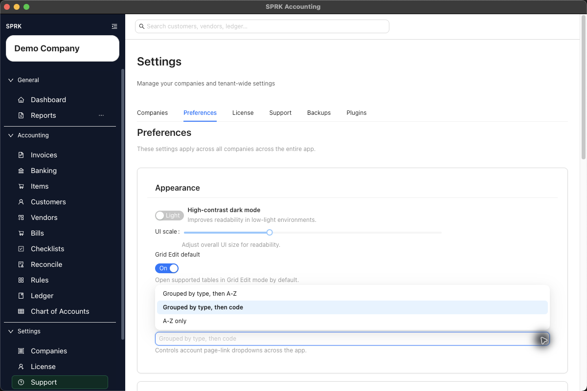 Preferences page showing the Account dropdown sorting control and its ordering choices