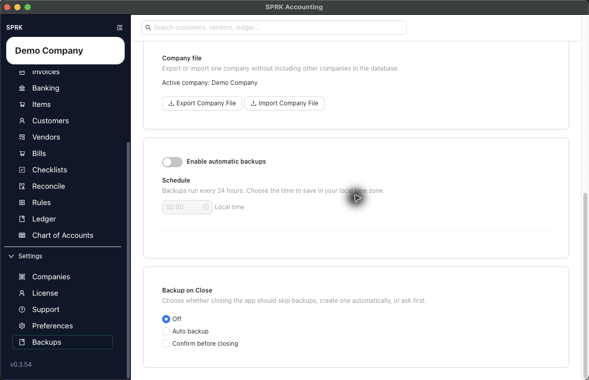 SPRK Backups settings showing automatic backup scheduling controls and backup-on-close options