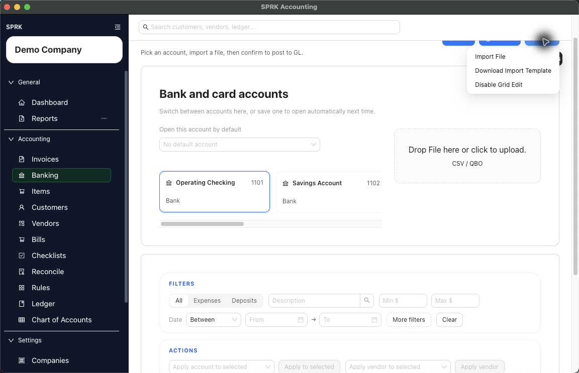 Bank transaction import template modal