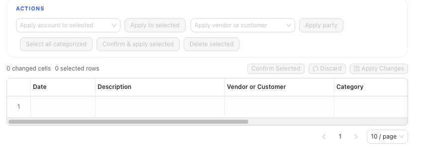 Banking actions strip showing Apply vendor or customer and the Vendor or Customer grid column