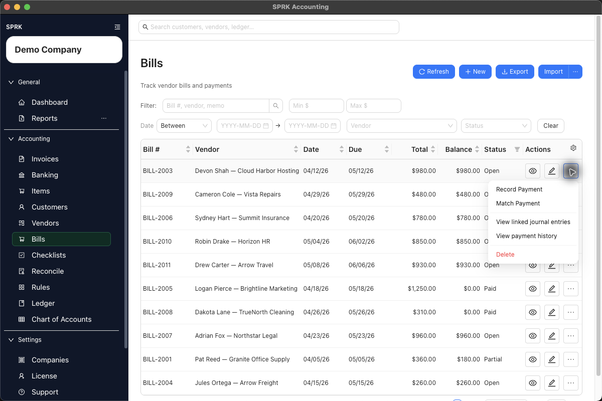Bill row actions for payment history and linked journal review
