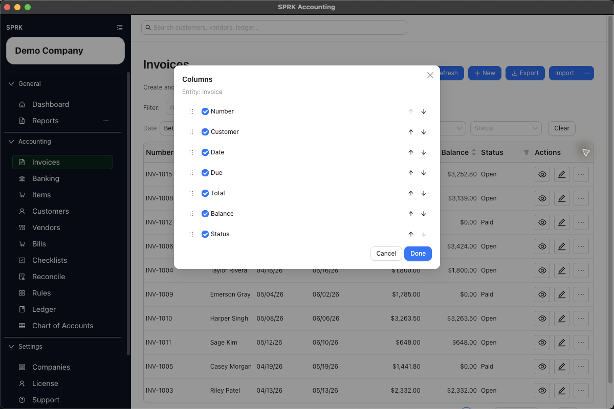 Column preferences dialog showing drag handles, visibility checkboxes, and move controls for invoice columns