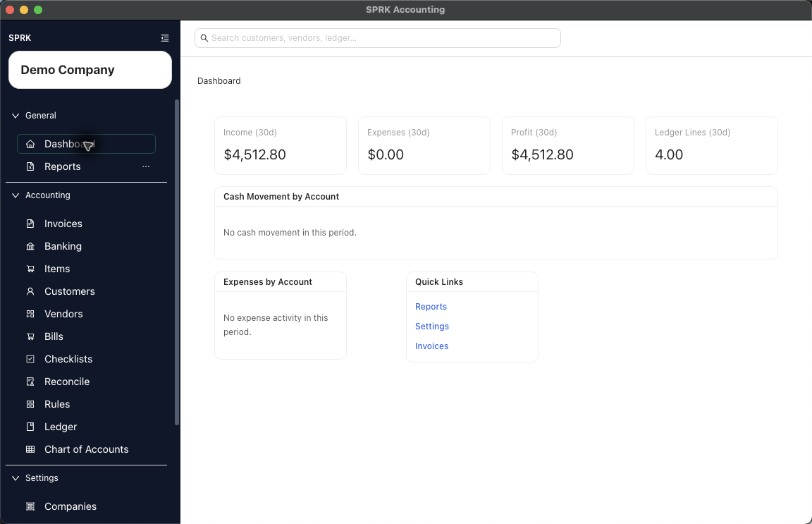 SPRK Dashboard in Demo Company showing the active company selector, main sidebar navigation, KPI cards, charts, and quick links