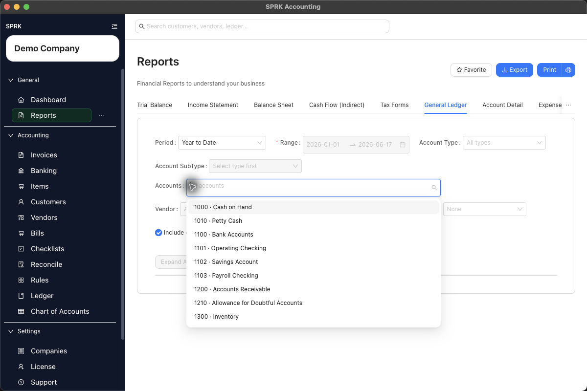 General Ledger report account selector showing account ordering controlled by Preferences