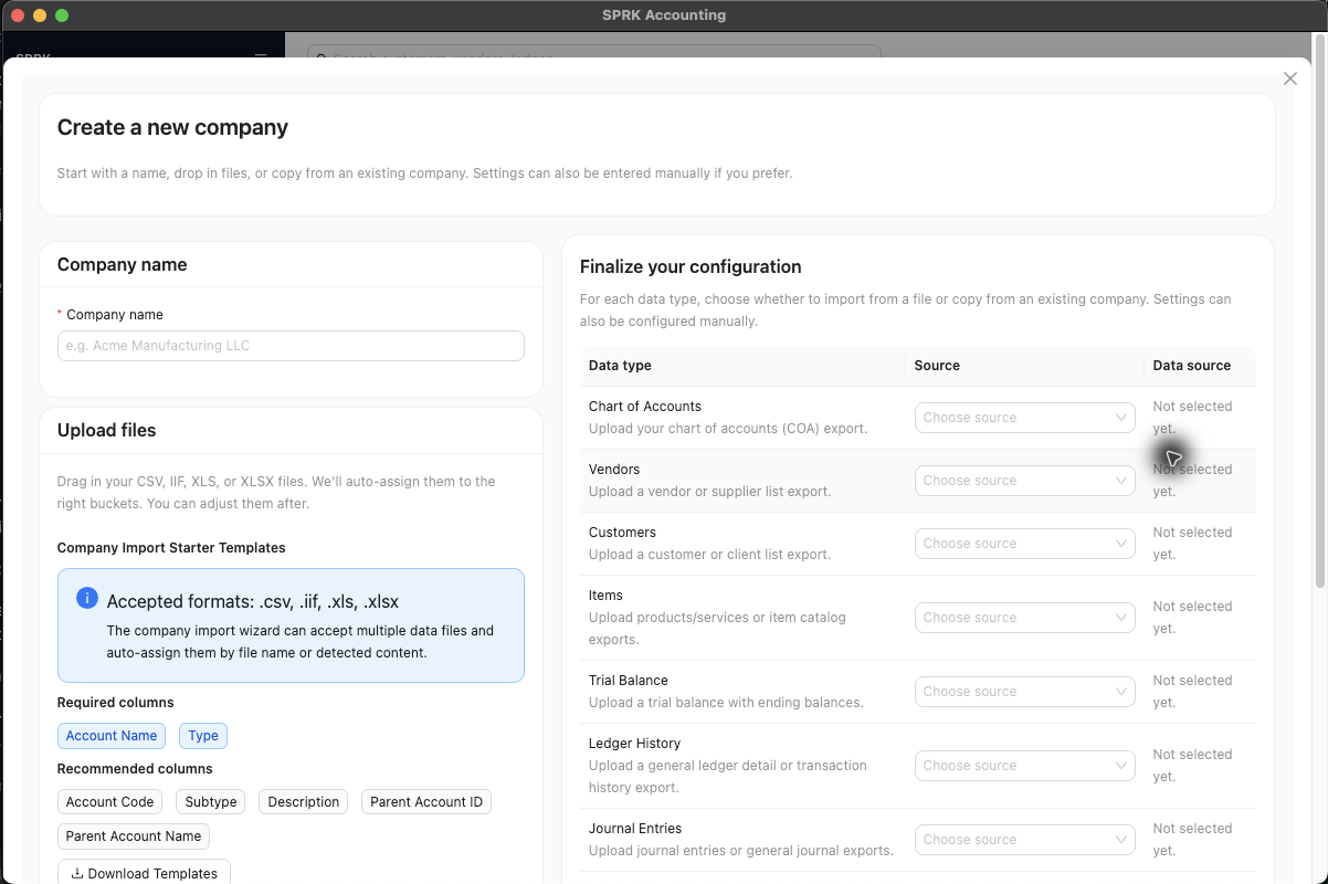 Import wizard showing starter template download options