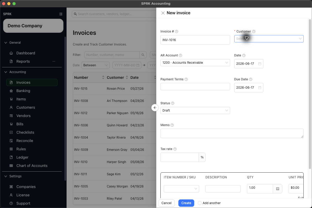 New invoice drawer showing Item Number / SKU line selectors