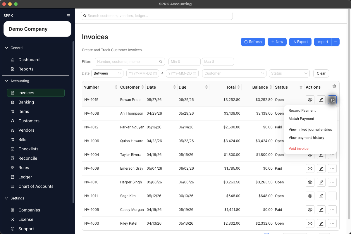 Invoice row actions showing payment, linked journal, payment history, and void actions