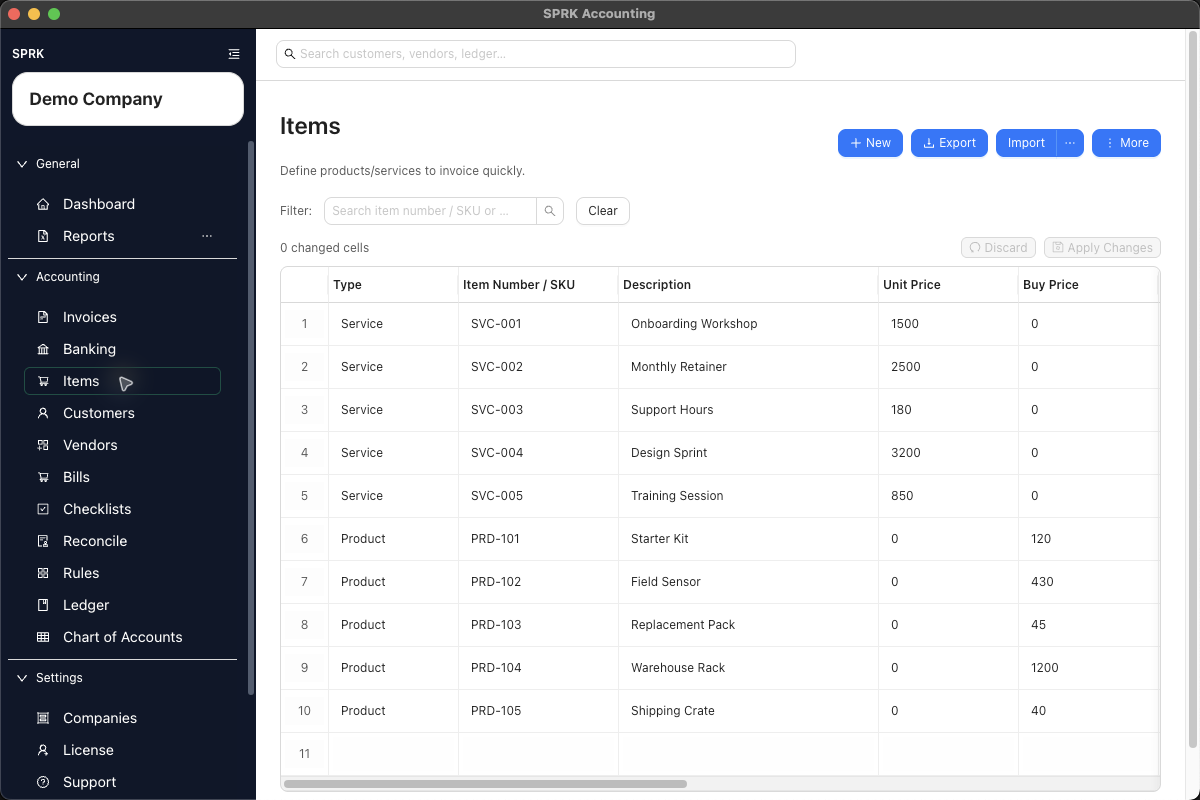 Items list showing Item Number / SKU column and search label