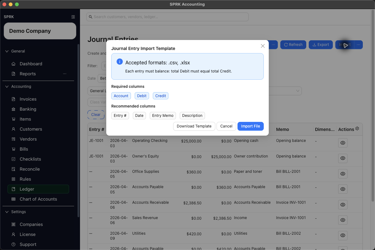 Journal Entry Import Template modal showing required and recommended columns