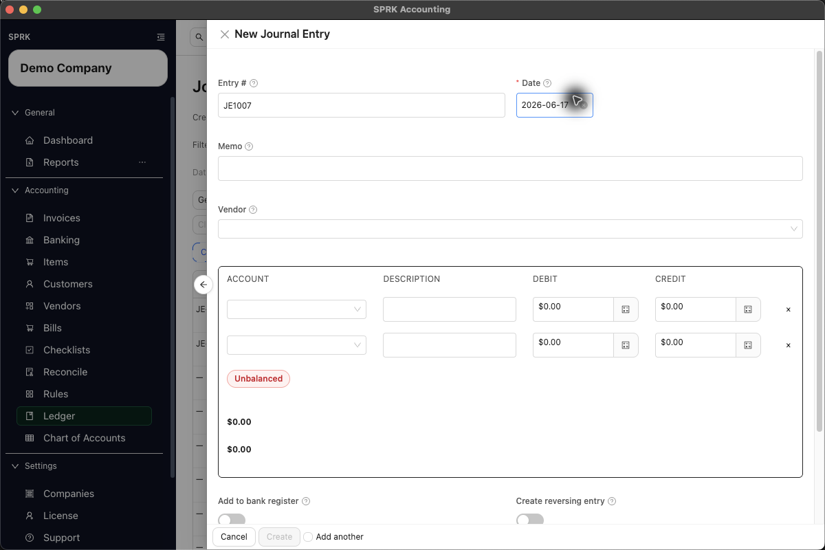 New Journal Entry drawer showing date, memo, account lines, debit and credit columns, totals, and reversing-entry controls