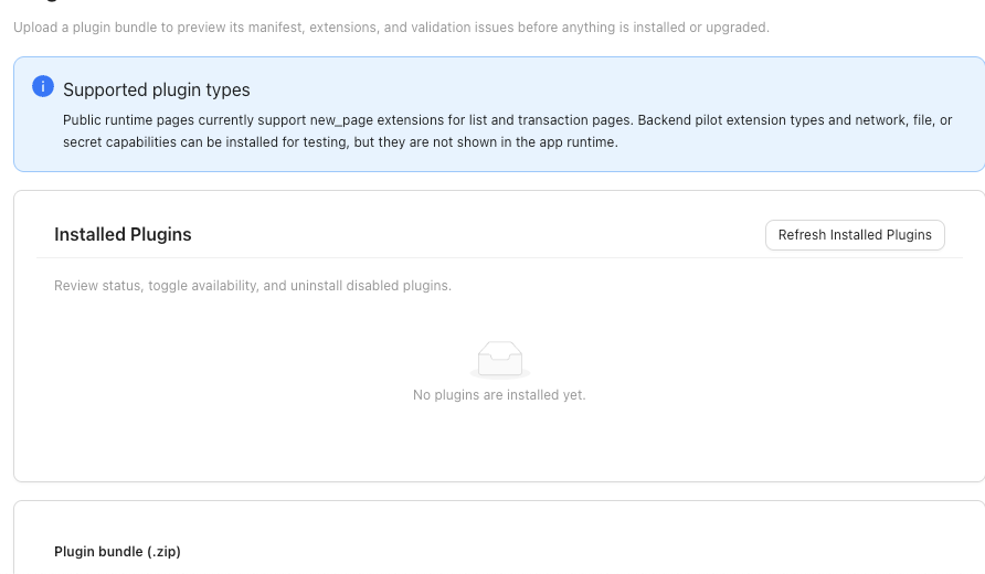 Plugins settings tab showing supported plugin types and installed plugin status