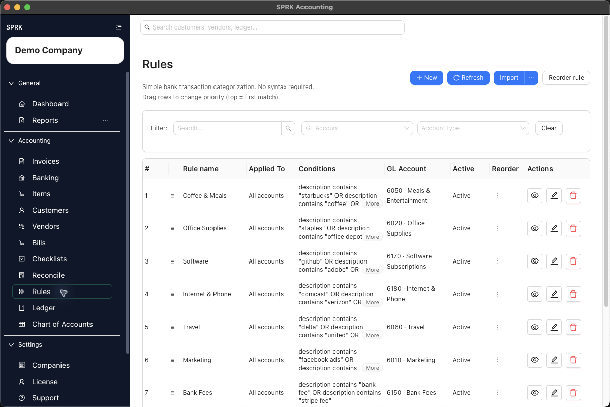 Rules page showing GL Account filter and GL Account result column