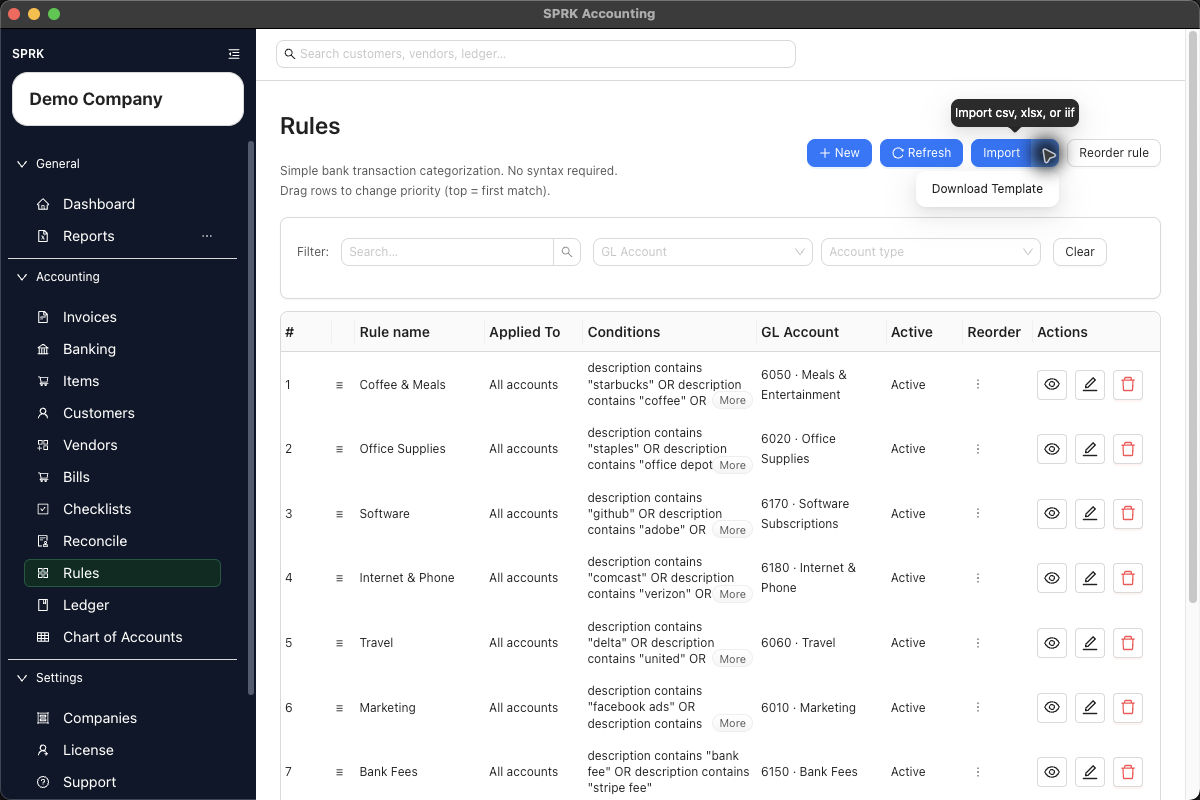 Rules import dialog showing template guidance, required columns, recommended columns, and supported file types