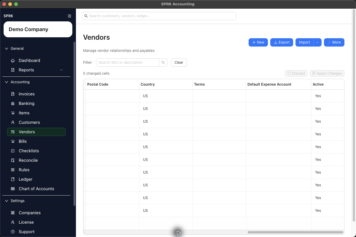 Vendors list showing the Default Expense Account column